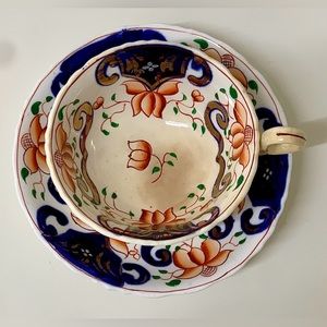 19th Century Antique Gaudy Welsh Crest Pattern Teacup & Saucer Set